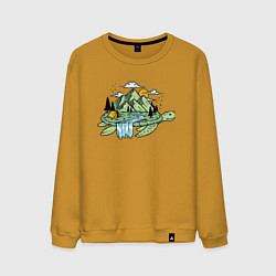 Свитшот хлопковый мужской Горы, река, палатка на панцире черепахи Mountains,, цвет: горчичный
