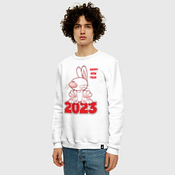 Свитшот хлопковый мужской Happy New Year, 2023, кролик сидит на цифрах, цвет: белый — фото 2