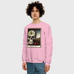 Свитшот хлопковый мужской Memento Mori, череп, часы и цветы, в рамке, цвет: светло-розовый — фото 2