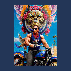 Свитшот хлопковый мужской Арнольд Шварценеггер на крутом мотоцикле - нейросе, цвет: тёмно-синий — фото 2