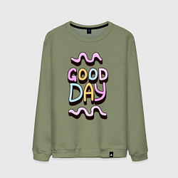 Свитшот хлопковый мужской Good day надпись с кривыми линиями, цвет: авокадо