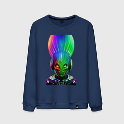 Свитшот хлопковый мужской Aggressive alien - neural network - neon glow, цвет: тёмно-синий