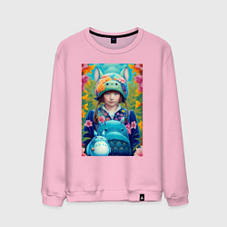Свитшот хлопковый мужской Girl with Totoro - fantasy - neural network, цвет: светло-розовый