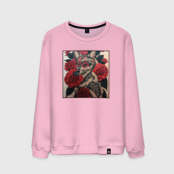 Свитшот хлопковый мужской Irezumi - лиса в розах, цвет: светло-розовый