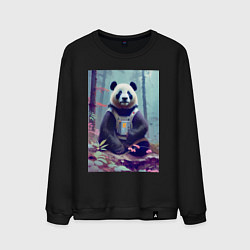 Свитшот хлопковый мужской Панда в кибер-жилете - нейросеть, цвет: черный