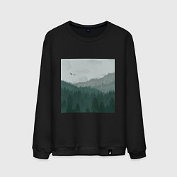 Свитшот хлопковый мужской Туманные холмы и лес, цвет: черный