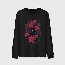 Свитшот хлопковый мужской Черный кот в цветах, цвет: черный