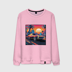 Свитшот хлопковый мужской Ретро машина и футуристический город на закате, цвет: светло-розовый