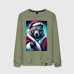 Свитшот хлопковый мужской Santa bear - ai art cyberpunk, цвет: авокадо