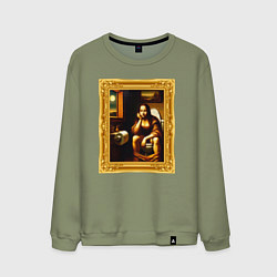 Свитшот хлопковый мужской Нейросеть - Мона Лиза в туалете картина прикол, цвет: авокадо