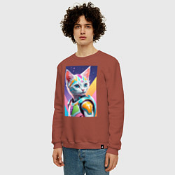 Свитшот хлопковый мужской Котик в стиле киберпанк, цвет: кирпичный — фото 2