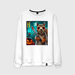 Свитшот хлопковый мужской Белочка с окровавленным ножом и в маске - хэллоуин, цвет: белый