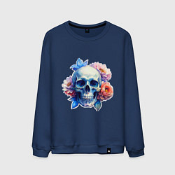 Свитшот хлопковый мужской Акварельный череп в цветах, цвет: тёмно-синий