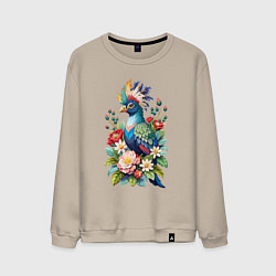 Свитшот хлопковый мужской Красивая птица турако среди цветов, цвет: миндальный