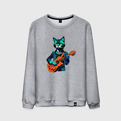 Свитшот хлопковый мужской Кот с гитарой киберпанк, цвет: меланж