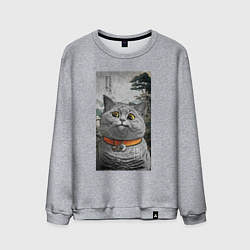 Свитшот хлопковый мужской Мемный кот в японском стиле, цвет: меланж