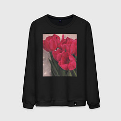 Свитшот хлопковый мужской Тюльпаны красные, цвет: черный