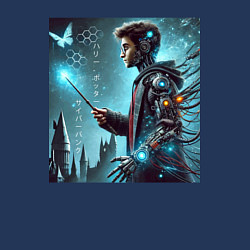 Свитшот хлопковый мужской Harry Potter with a magic wand - cyberpunk, цвет: тёмно-синий — фото 2