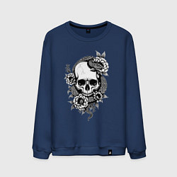 Свитшот хлопковый мужской Змея на черепе с цветами, цвет: тёмно-синий