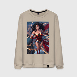 Свитшот хлопковый мужской Чудо-женщина на крыше с городским фоном, цвет: миндальный