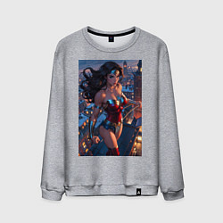 Свитшот хлопковый мужской Чудо-женщина на крыше с городским фоном, цвет: меланж