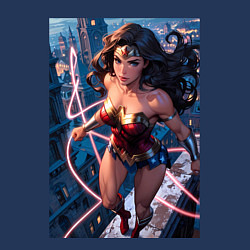 Свитшот хлопковый мужской Чудо-женщина на крыше с городским фоном в стиле ко, цвет: тёмно-синий — фото 2