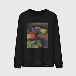 Свитшот хлопковый мужской Мишка с тюльпанами, цвет: черный