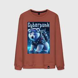 Свитшот хлопковый мужской Белый медвежонок в стиле киберпанк, цвет: кирпичный