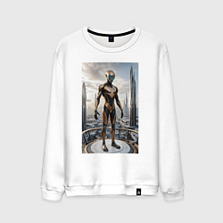 Свитшот хлопковый мужской Инопланетянин в городе будущего, цвет: белый