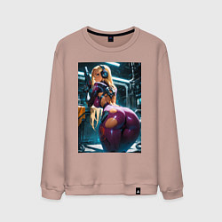 Свитшот хлопковый мужской Девушка с оружием в киберпанк стиле, цвет: пыльно-розовый