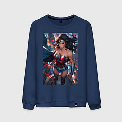 Свитшот хлопковый мужской Чудо-женщина с городским фоном в стиле комиксов, цвет: тёмно-синий