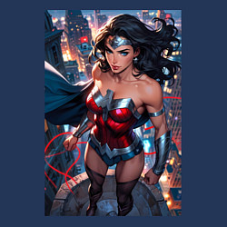 Свитшот хлопковый мужской Чудо-женщина с городским фоном в стиле комиксов, цвет: тёмно-синий — фото 2