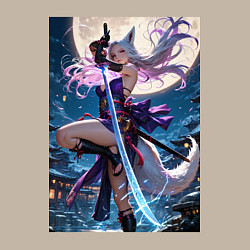 Свитшот хлопковый мужской Лисица с катаной на фоне Луны, цвет: миндальный — фото 2