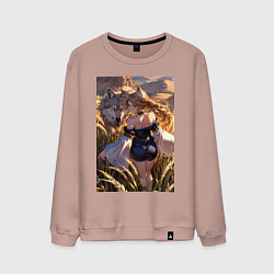 Свитшот хлопковый мужской Девушка-волчица посреди поля пшеницы, цвет: пыльно-розовый