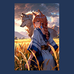 Свитшот хлопковый мужской Девушка-волчица посреди поля пшеницы, цвет: тёмно-синий — фото 2