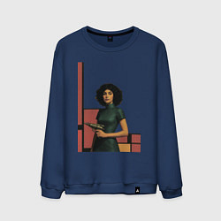 Свитшот хлопковый мужской Ретрофутуризм девушка с бластером поп-арт 1970-е, цвет: тёмно-синий