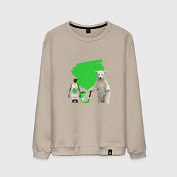 Свитшот хлопковый мужской Белый медведь и пингвин раскрашивают зеленой краск, цвет: миндальный