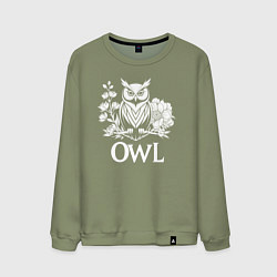 Свитшот хлопковый мужской Сова на ветке в цветах, цвет: авокадо