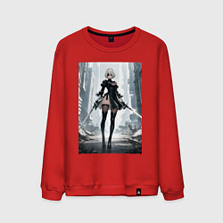 Свитшот хлопковый мужской Девушка-андроид с катанами посреди руин, цвет: красный