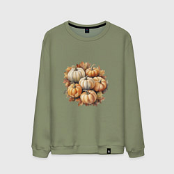 Мужской свитшот Тыквы разные на осенних листьях акварель