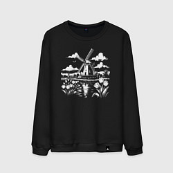 Свитшот хлопковый мужской Мельница и тюльпаны, цвет: черный