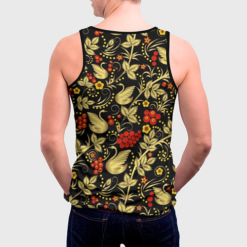 Мужская майка без рукавов Хохлома золотые лебеди / 3D-Черный – фото 4