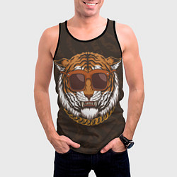 Майка-безрукавка мужская Крутой тигр в очках с цепью, цвет: 3D-черный — фото 2
