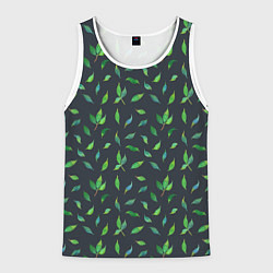 Майка-безрукавка мужская Зеленые листья и веточки на темном фоне, цвет: 3D-белый
