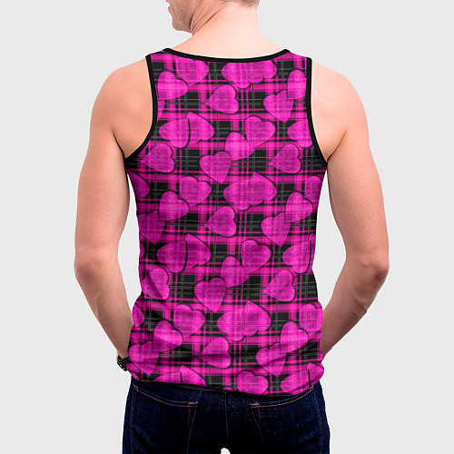 Мужская майка без рукавов Black and pink hearts pattern on checkered / 3D-Черный – фото 4