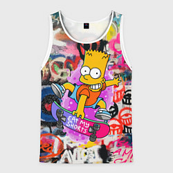 Майка-безрукавка мужская Скейтбордист Барт Симпсон на фоне стены с граффити, цвет: 3D-белый