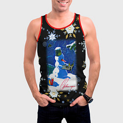 Майка-безрукавка мужская Новый год снеговик и птицы, цвет: 3D-красный — фото 2