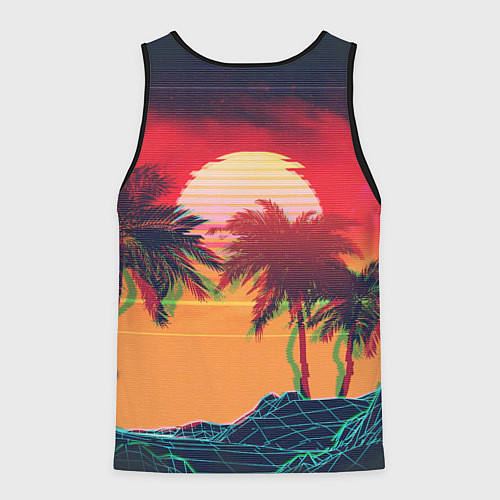 Мужская майка без рукавов Пальмы и пляж на закате с помехами VHS ретро дизай / 3D-Черный – фото 2