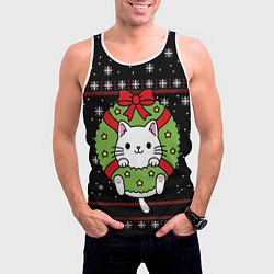 Майка-безрукавка мужская Рождественский венок с котиком, цвет: 3D-белый — фото 2
