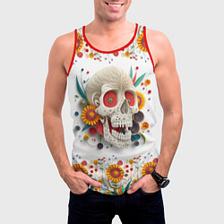 Майка-безрукавка мужская Череп украшенный растениями и цветами в стиле квил, цвет: 3D-красный — фото 2